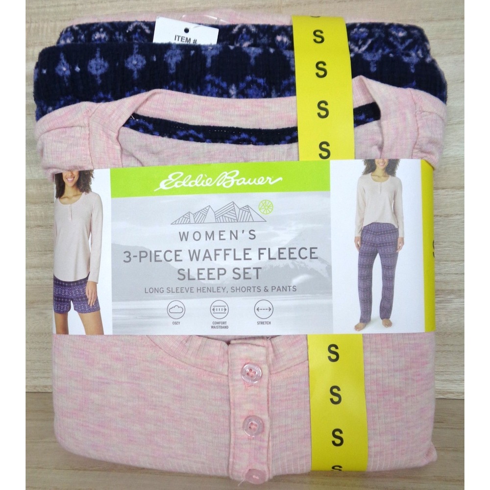 Eddie Bauer Women's 3-Piece Waffle Fleece Sleep Set Pajamas Size S Pink